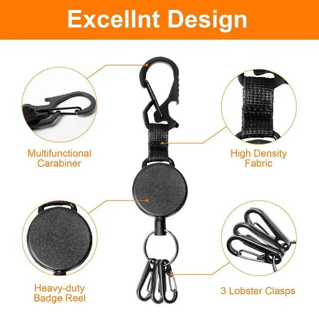 Alt view image 5 of 7 - Retractable Keychain Heavy Duty - Retractable Key Holder Key Ring with Carabiner, ID Badge Clip Reel with Steel Cord, Clasps for Janitor Office Work, Bearing 8.0 oz (Pack of 2)