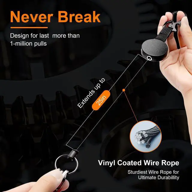 Alt view image 6 of 7 - Retractable Keychain Heavy Duty - Retractable Key Holder Key Ring with Carabiner, ID Badge Clip Reel with Steel Cord, Clasps for Janitor Office Work, Bearing 8.0 oz (Pack of 2)