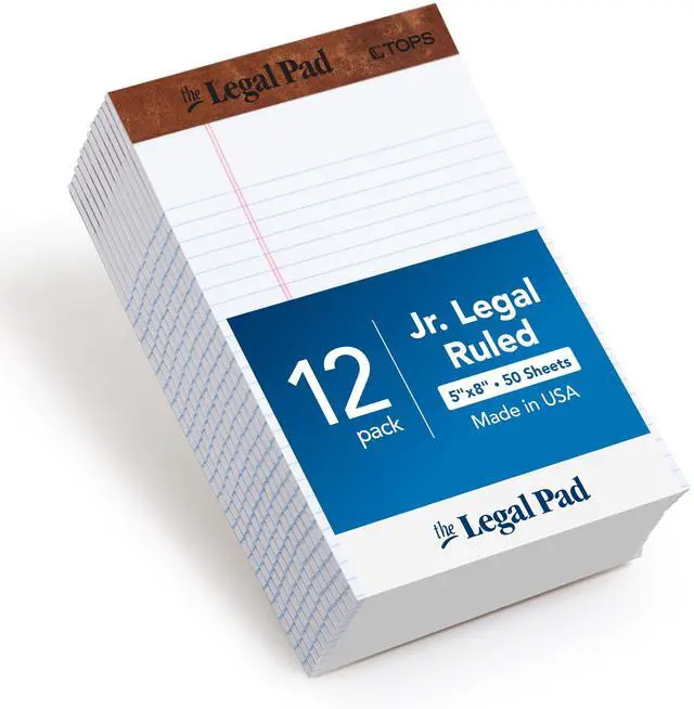 Main image of Legal Pads, 12 Pack, 50 Jr. Legal Ruled 5" x 8" Sheets, Bright White Paper with Firm Back, Small Portable Notepads, Proudly Made in the USA