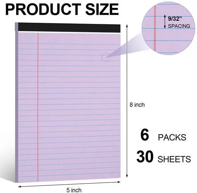Main image of 6 PCS Small Legal Pads 5x8 Purple, Narrow Ruled Small Note Pads 5x8, Micro Perforated Writing Pad, College Ruled Legal Notepads 5x8 for Study, Office, To-Do Lists(30 Sheets/Small Notepad)