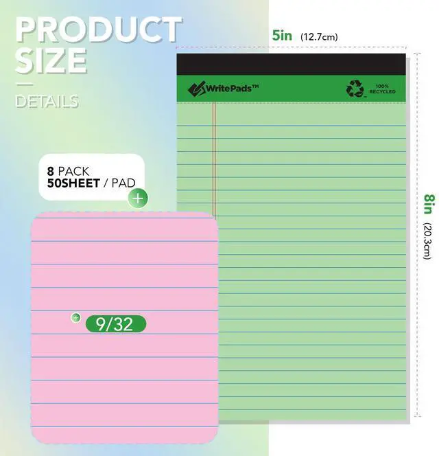 Main image of Colored Legal Pads - 5"x8" Narrow Ruled, 50 Sheets/Pad (8 Pads), Recycled Paper Writing Pad with Sturdy Back, Small Size for Easy Organization and Portability, KSU-6887