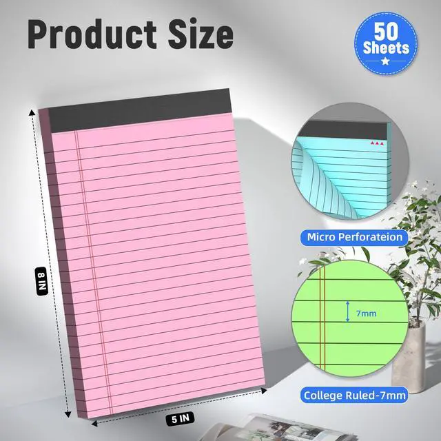 Alt view image 2 of 7 - 12pcs Note Pads 5"x8",600 Sheets Small Legal Pad, Perforated Color Notepads