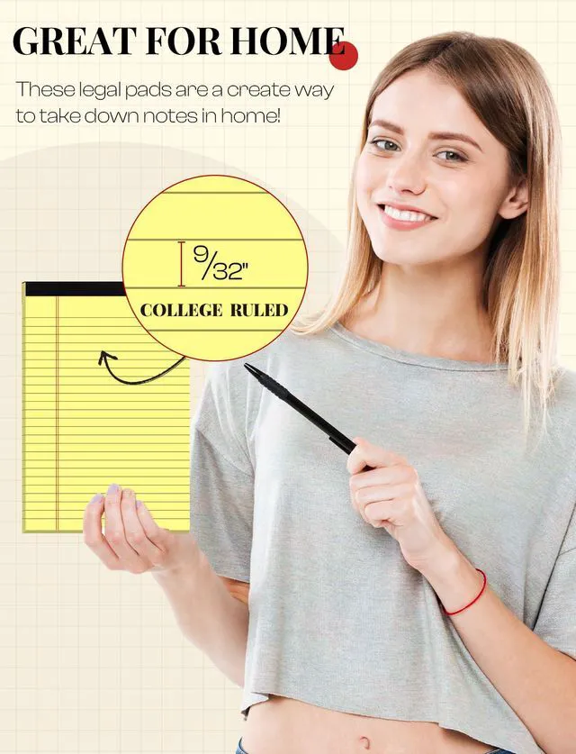 Alt view image 4 of 7 - 12 Pack Small Yellow Legal Pads 5x8 Note Pads 5x8 College Ruled Notepads Narrow Ruled Yellow Paper Pads 25 Lines Perforared Small Paper Tablets 5x8" Lined Notepad 5x8 With 30 Sheets Per Legal Pad