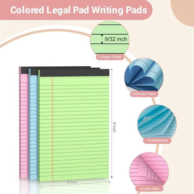 Main image of Note Pads 5x8, Narrow Ruled Legal Pad, Writing Pads 5x8, Colored Legal Pads, Pink Legal Pad,Small Note Pad, 30 Sheet/Notepad, 6 Pack Multicolor Lined Paper, Mini Legal Pads for School,Business,Home