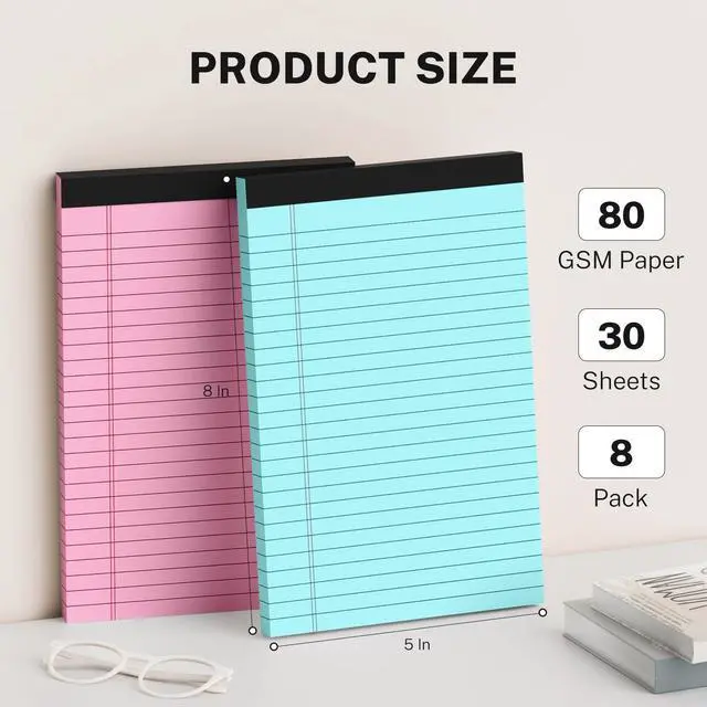 Main image of 8 Pack Note Pads 5 x 8 Inch, Colored Narrow Ruled Small Legal Pads, Perforated Notepad 5 x 8 Lined Writing Pads, College Lined Legal Notepads for To-do Lists, Daily Note-taking, School and Office