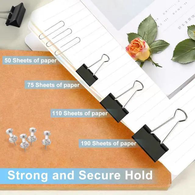 Alt view image 4 of 7 - Paper Clips and Binder Clips Office Supplies Paperclips Assorted Sizes, 240 PCS Black Office Clips Paperclips and Binder Clips Set, Small Binder Clip Cute Binder Clip Push Pin Paper Clamp Thumb Tack