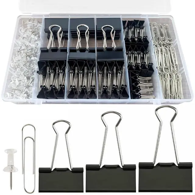 Main image of Paper Clips and Binder Clips Office Supplies Paperclips Assorted Sizes, 240 PCS Black Office Clips Paperclips and Binder Clips Set, Small Binder Clip Cute Binder Clip Push Pin Paper Clamp Thumb Tack