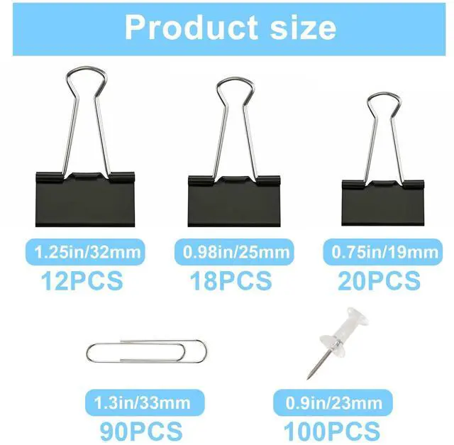 Alt view image 3 of 7 - Paper Clips and Binder Clips Office Supplies Paperclips Assorted Sizes, 240 PCS Black Office Clips Paperclips and Binder Clips Set, Small Binder Clip Cute Binder Clip Push Pin Paper Clamp Thumb Tack