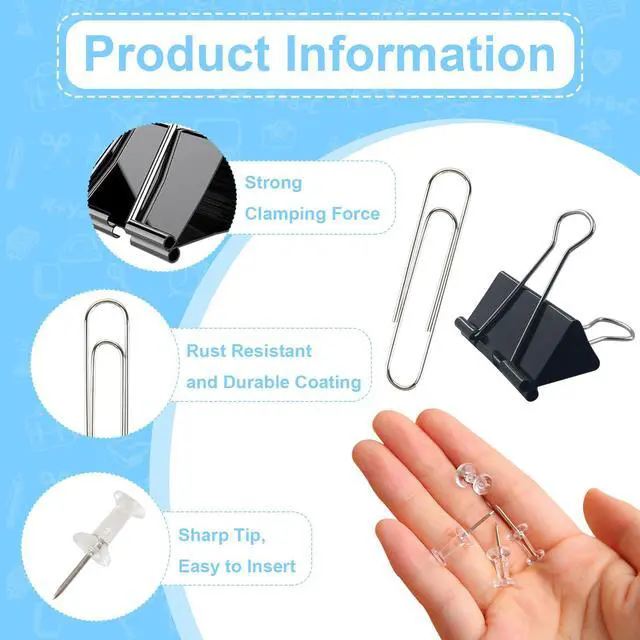 Alt view image 5 of 7 - Paper Clips and Binder Clips Office Supplies Paperclips Assorted Sizes, 240 PCS Black Office Clips Paperclips and Binder Clips Set, Small Binder Clip Cute Binder Clip Push Pin Paper Clamp Thumb Tack