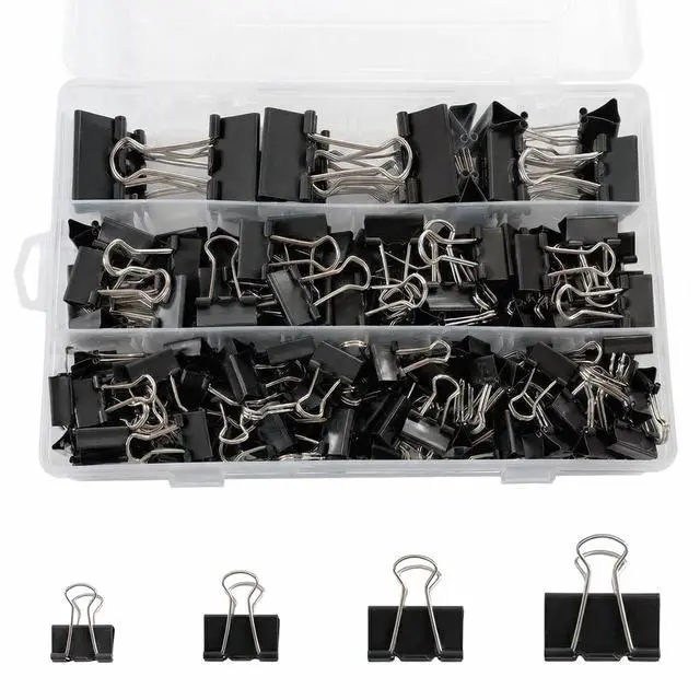 Main image of 180 Pcs Binder Clips Assorted Sizes, Black Binder Paper Clips Office Clips Office Supplies, 4 Sizes Cute Binder Clips Large Medium Small Paper Clips Paper Clamps for Home School Business (Black)