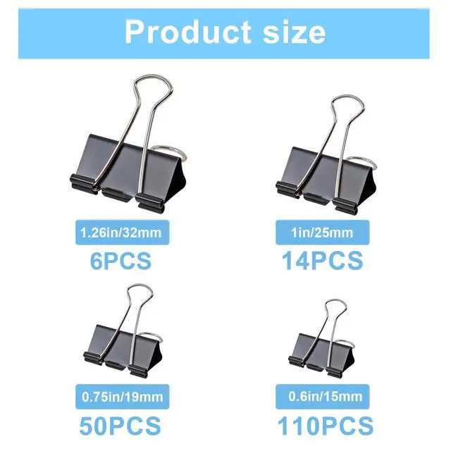 Alt view image 3 of 7 - 180 Pcs Binder Clips Assorted Sizes, Black Binder Paper Clips Office Clips Office Supplies, 4 Sizes Cute Binder Clips Large Medium Small Paper Clips Paper Clamps for Home School Business (Black)