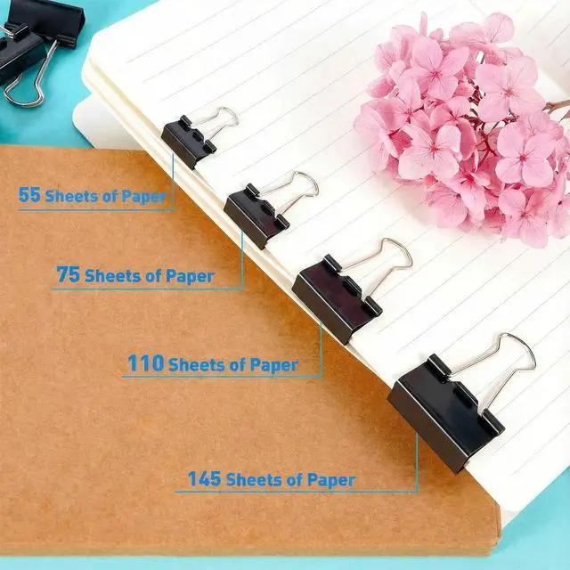 Alt view image 7 of 7 - 180 Pcs Binder Clips Assorted Sizes, Black Binder Paper Clips Office Clips Office Supplies, 4 Sizes Cute Binder Clips Large Medium Small Paper Clips Paper Clamps for Home School Business (Black)