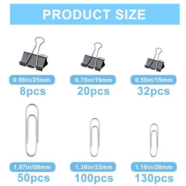 Alt view image 4 of 7 - 340Pcs Black Paper Clips and Binder Clips Assorted Sizes, Large Medium Small Binder Paper Clips Office Clips Office Supplies, Assorted Paper Clamps PaperClips for Home Office Supplies in a Container