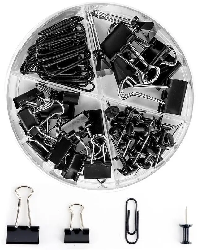 Main image of Paper Clips and Binder Clips Set, Metal Assorted Sized Binders with Push Pins, Black Office Supplies for Desk, Durable Desk Accessories