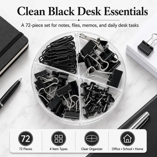 Alt view image 2 of 7 - Paper Clips and Binder Clips Set, Metal Assorted Sized Binders with Push Pins, Black Office Supplies for Desk, Durable Desk Accessories
