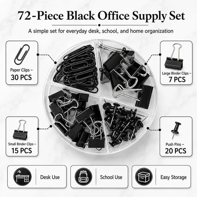 Alt view image 3 of 7 - Paper Clips and Binder Clips Set, Metal Assorted Sized Binders with Push Pins, Black Office Supplies for Desk, Durable Desk Accessories