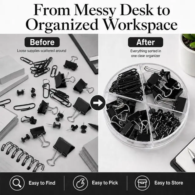 Alt view image 4 of 7 - Paper Clips and Binder Clips Set, Metal Assorted Sized Binders with Push Pins, Black Office Supplies for Desk, Durable Desk Accessories