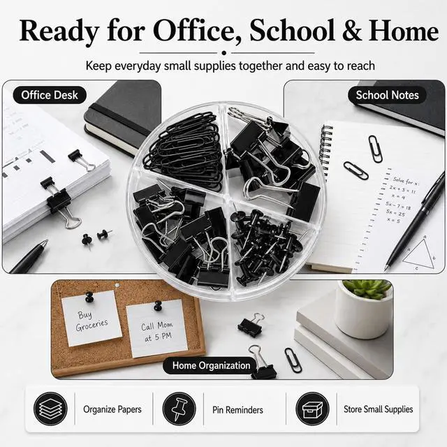 Alt view image 5 of 7 - Paper Clips and Binder Clips Set, Metal Assorted Sized Binders with Push Pins, Black Office Supplies for Desk, Durable Desk Accessories