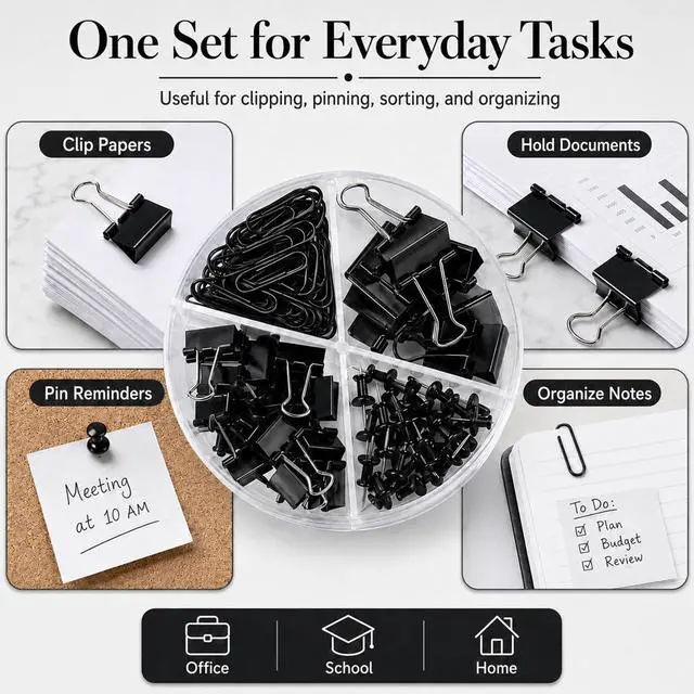Alt view image 6 of 7 - Paper Clips and Binder Clips Set, Metal Assorted Sized Binders with Push Pins, Black Office Supplies for Desk, Durable Desk Accessories
