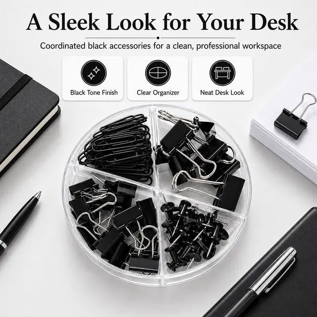 Alt view image 7 of 7 - Paper Clips and Binder Clips Set, Metal Assorted Sized Binders with Push Pins, Black Office Supplies for Desk, Durable Desk Accessories