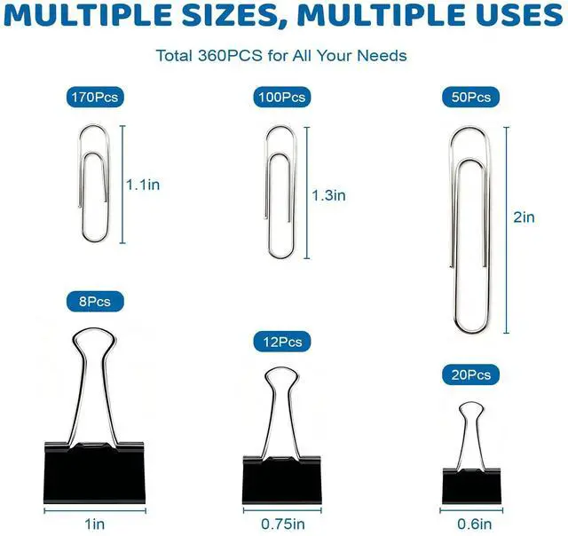 Alt view image 2 of 7 - 360 Pack Paper Clips and Binder Clips Set Mixed Sizes Paperclips with Assorted Medium & Large Binder Clips for Office School Home Organization