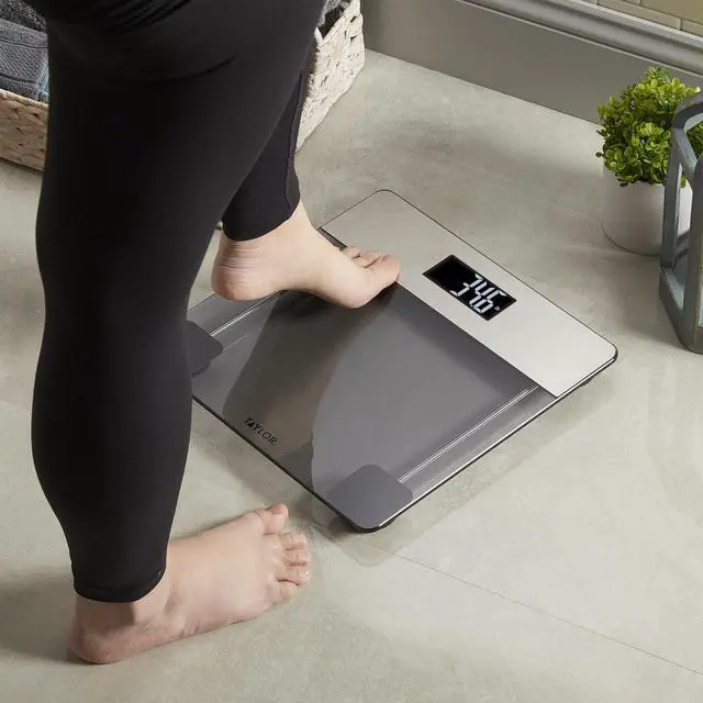 Alt view image 2 of 5 - Digital Bathroom Scale for Body Weight, Tinted Blue Glass Platform with LED Display, 440 lb Capacity, Stainless Steel Accents, 12.2 x 12.2 Inch