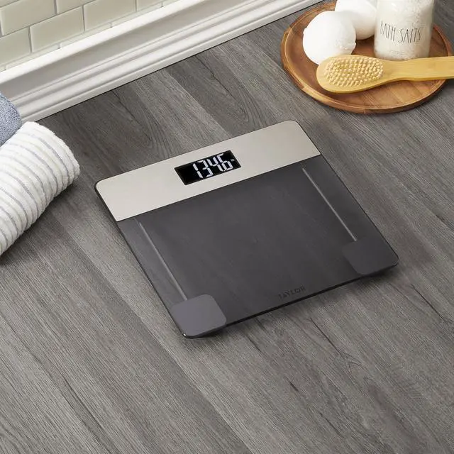 Alt view image 3 of 5 - Digital Bathroom Scale for Body Weight, Tinted Blue Glass Platform with LED Display, 440 lb Capacity, Stainless Steel Accents, 12.2 x 12.2 Inch