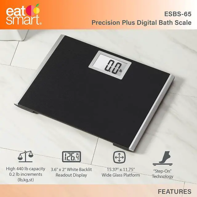 Alt view image 3 of 7 - Precision Plus Digital Bathroom Scale - Wide Body Bath Scale for Body Weight, Extra Wide Tempered Glass Platform, 440 lb Capacity, Black Matte