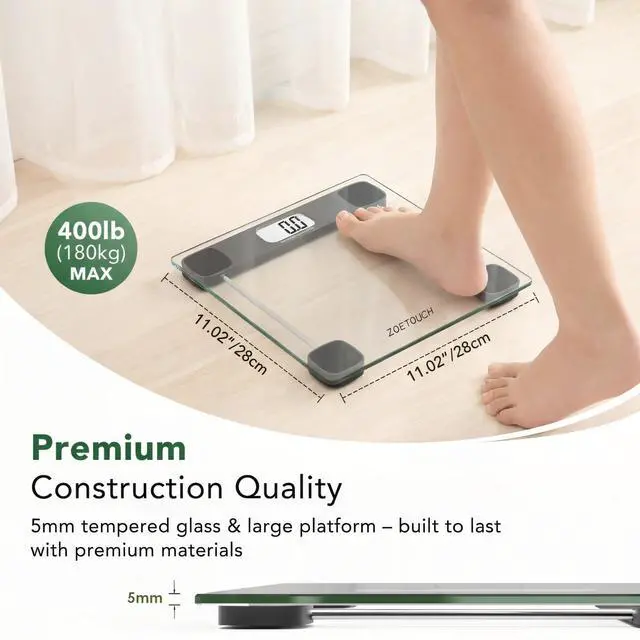 Alt view image 3 of 7 - Scale for Body Weight, Accurate Bathroom Scales, Digital Weighing Machine for People, 400lb Capacity, LCD Display, Step-On Technology, Tempered Glass, Measuring Tape Included