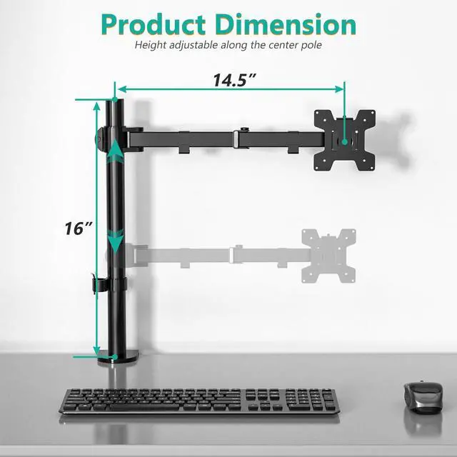 Alt view image 3 of 7 - Single Monitor Mount, Single Monitor Arm Desk Mount, Up to 32 inch Ultrawide, Regular Screens up to 27 inches, 22lbs, Adjustable Mount with C-CLAMP for Home Office Application(M001), Black