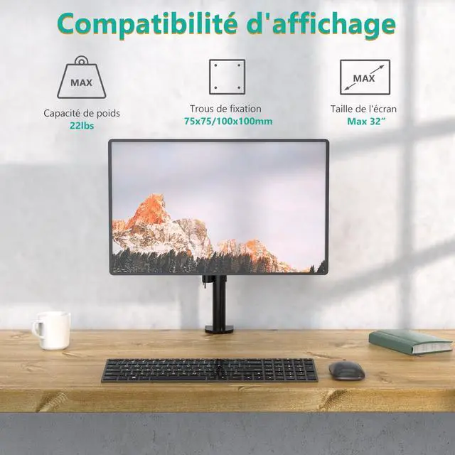 Alt view image 2 of 7 - Single Monitor Mount, Single Monitor Arm Desk Mount, Up to 32 inch Ultrawide, Regular Screens up to 27 inches, 22lbs, Adjustable Mount with C-CLAMP for Home Office Application(M001), Black
