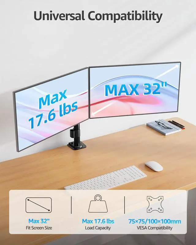 Alt view image 2 of 7 - Dual Monitor Desk Mount, Max 32 Inch up to 17.6lbs, Fully Adjustable Dual Monitor Arm for 2 LCD Screens, Double Monitor Stand with C-Clamp and Grommet Base