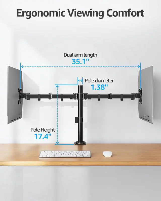 Alt view image 4 of 7 - Dual Monitor Desk Mount, Max 32 Inch up to 17.6lbs, Fully Adjustable Dual Monitor Arm for 2 LCD Screens, Double Monitor Stand with C-Clamp and Grommet Base