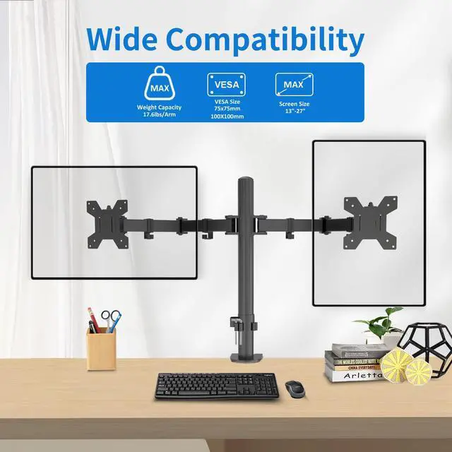 Alt view image 2 of 7 - Dual Monitor Mount, Monitor Arm with Swivel, Tilt, Rotation, Height Adjustable, VESA Mount for 17-27 Monitors up to 17.6lbs, Desk Mount with C-Clamp, Black