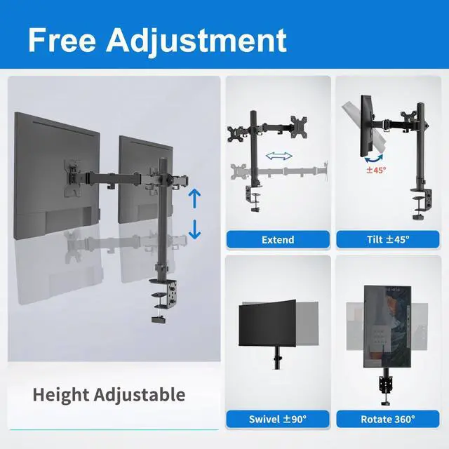 Alt view image 3 of 7 - Dual Monitor Mount, Monitor Arm with Swivel, Tilt, Rotation, Height Adjustable, VESA Mount for 17-27 Monitors up to 17.6lbs, Desk Mount with C-Clamp, Black