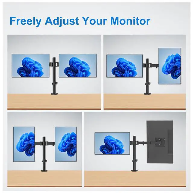 Alt view image 4 of 7 - Dual Monitor Mount, Monitor Arm with Swivel, Tilt, Rotation, Height Adjustable, VESA Mount for 17-27 Monitors up to 17.6lbs, Desk Mount with C-Clamp, Black