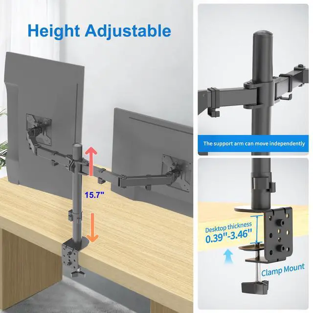 Alt view image 5 of 7 - Dual Monitor Mount, Monitor Arm with Swivel, Tilt, Rotation, Height Adjustable, VESA Mount for 17-27 Monitors up to 17.6lbs, Desk Mount with C-Clamp, Black