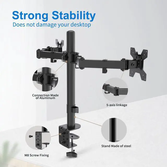Alt view image 6 of 7 - Dual Monitor Mount, Monitor Arm with Swivel, Tilt, Rotation, Height Adjustable, VESA Mount for 17-27 Monitors up to 17.6lbs, Desk Mount with C-Clamp, Black