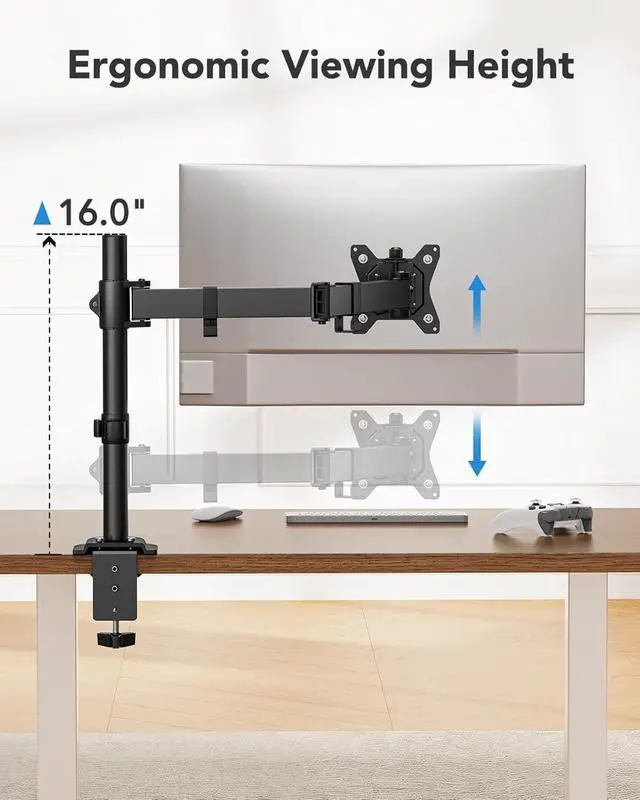 Alt view image 5 of 7 - Single Monitor Mount, Monitor Arm for 13-32 Monitors up to 17.6 lbs, Adjustable Stand with 16 Max Height, Desk Mount with C-Clamp and Grommet Base, VESA 75x75mm or 100x100mm