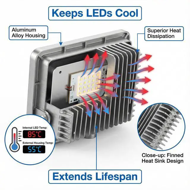Alt view image 4 of 7 - LED Flood Light Outdoor, High Power Commercial Work Light, IP66 Waterproof Daylight 6500K Super Bright Security Stadium Lights for Parking Lots, Warehouses, Yard (50 Watts) AC85-265V