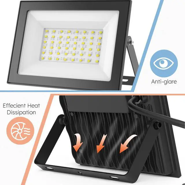 Alt view image 4 of 6 - 2-Pack 50W LED Flood Lights Outdoor 9000 Lumens Super Bright Security Lighting, IP66 Waterproof, 5000K Daylight Energy-Efficient Outdoor Lights for Garage, Garden, Lawn, Backyard