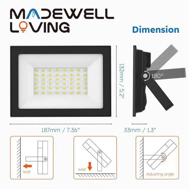 Alt view image 5 of 6 - 2-Pack 50W LED Flood Lights Outdoor 9000 Lumens Super Bright Security Lighting, IP66 Waterproof, 5000K Daylight Energy-Efficient Outdoor Lights for Garage, Garden, Lawn, Backyard