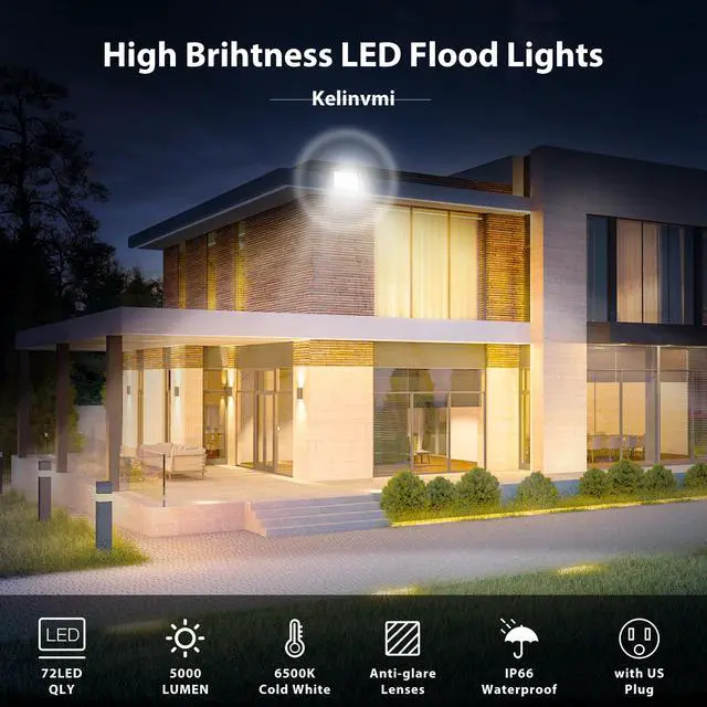 Alt view image 2 of 6 - LED Flood Lights Outdoor 50W, Outdoor Security Light 5000lm High Brightness with Plug, 6500K Work Light with IP66 Outdoor Floodlights for Garage, Porch, Backyard, Playground