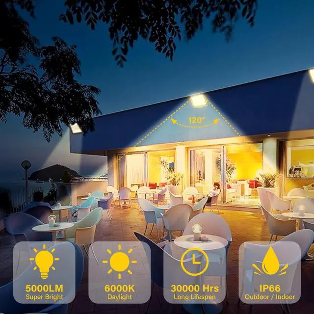 Alt view image 6 of 7 - 2 Pack LED Flood Lights Outdoor, 50W 5000LM LED Security Flood Light, 4000K Daylight Warm White IP66 Waterproof Lighting Outside for Garden Yard Garages Patio Billboard Playground Stadium