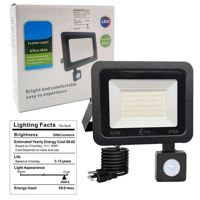Alt view image 2 of 7 - LED Flood Light Outdoor,6500K Security Lights, Plug in Motion Outdoor,Slim Design Motion Detector IP66 Waterproof Light for Garage, Yard, Porch (50W)