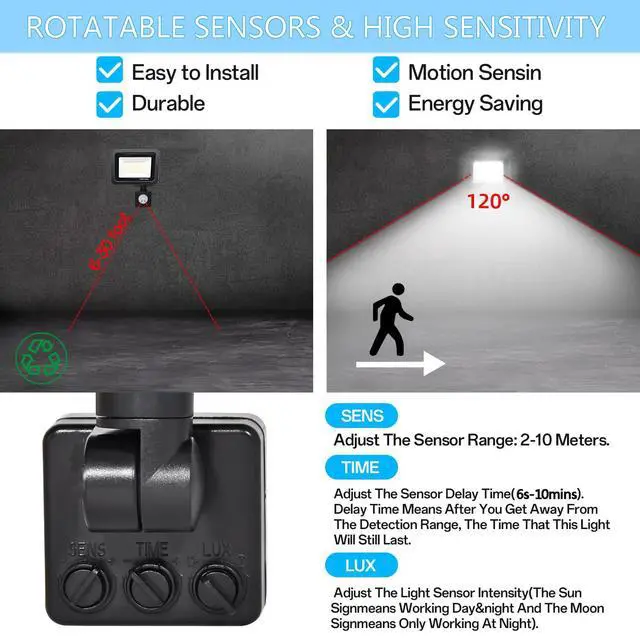 Alt view image 4 of 7 - LED Flood Light Outdoor,6500K Security Lights, Plug in Motion Outdoor,Slim Design Motion Detector IP66 Waterproof Light for Garage, Yard, Porch (50W)