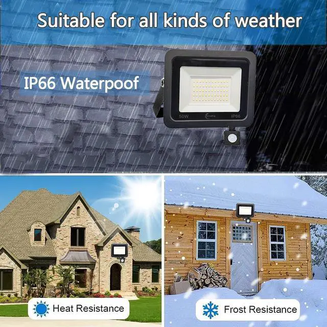 Alt view image 3 of 7 - LED Flood Light Outdoor,6500K Security Lights, Plug in Motion Outdoor,Slim Design Motion Detector IP66 Waterproof Light for Garage, Yard, Porch (50W)
