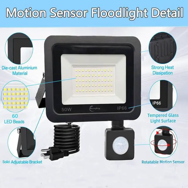 Alt view image 5 of 7 - LED Flood Light Outdoor,6500K Security Lights, Plug in Motion Outdoor,Slim Design Motion Detector IP66 Waterproof Light for Garage, Yard, Porch (50W)