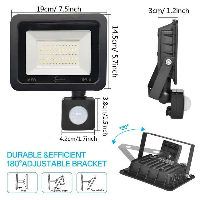 Alt view image 6 of 7 - LED Flood Light Outdoor,6500K Security Lights, Plug in Motion Outdoor,Slim Design Motion Detector IP66 Waterproof Light for Garage, Yard, Porch (50W)