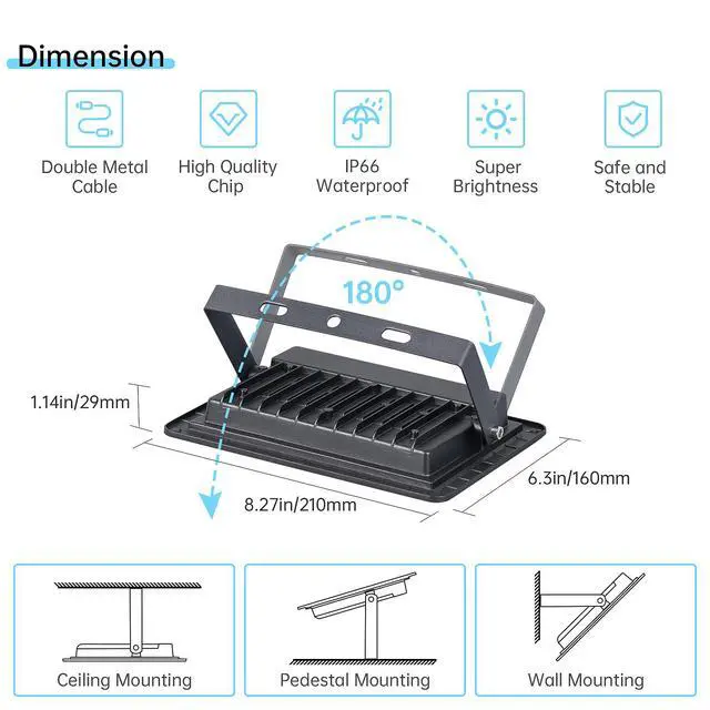 Alt view image 3 of 6 - LED Flood Light Outdoor, 50W Plug-in, 5000LM Work Light, IP66 Waterproof Floodlights, 6000K Daylight White Security Light for Yard, Garage, Garden